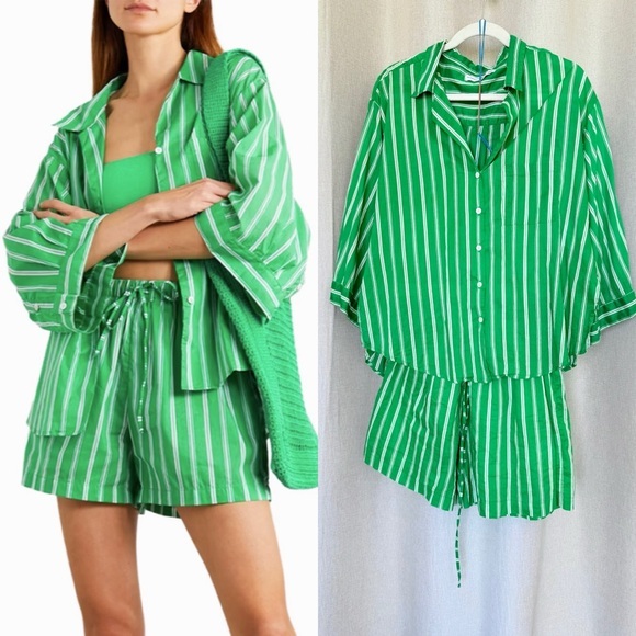 Faithful The Brand Serena Cotton White Green Stripes 2-piece Set M - Picture 1 of 10